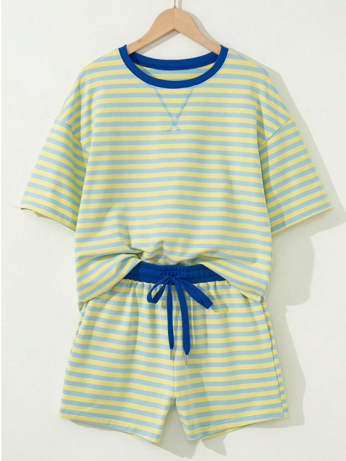 Boho Retro 90's Cotton Stripe Button Drop Shoulder Dolman Henley Top & Pants Shorts Set