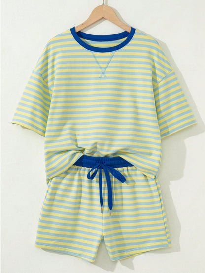 Boho Retro 90's Cotton Stripe Button Drop Shoulder Dolman Henley Top & Pants Shorts Set