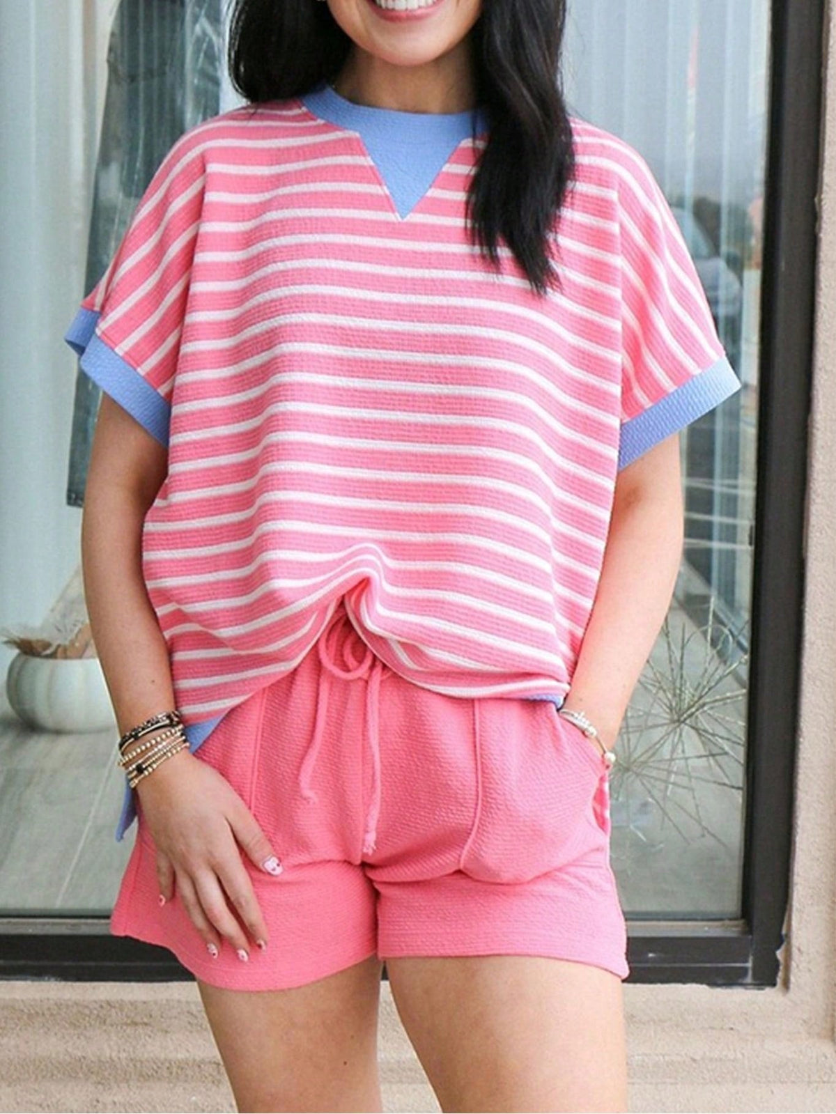 Boho Retro 90's Cotton Mix  Drop Shoulder Pink Mint Stripe Color Block Oversized Dolman T Shirt Top Shirt Blouse | Small-3 XL