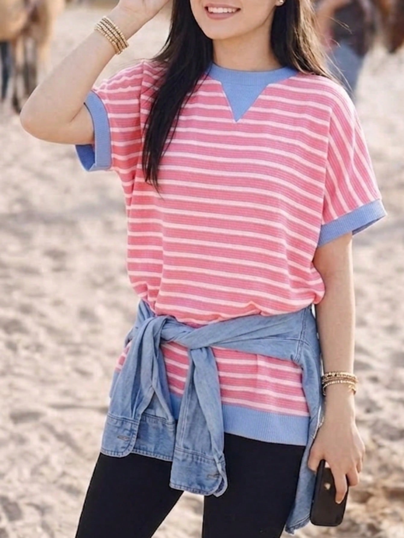 Boho Retro 90's Cotton Mix  Drop Shoulder Pink Mint Stripe Color Block Oversized Dolman T Shirt Top Shirt Blouse | Small-3 XL
