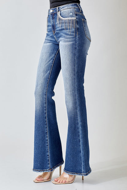 High Rise Embellished Wide Flare Jeans