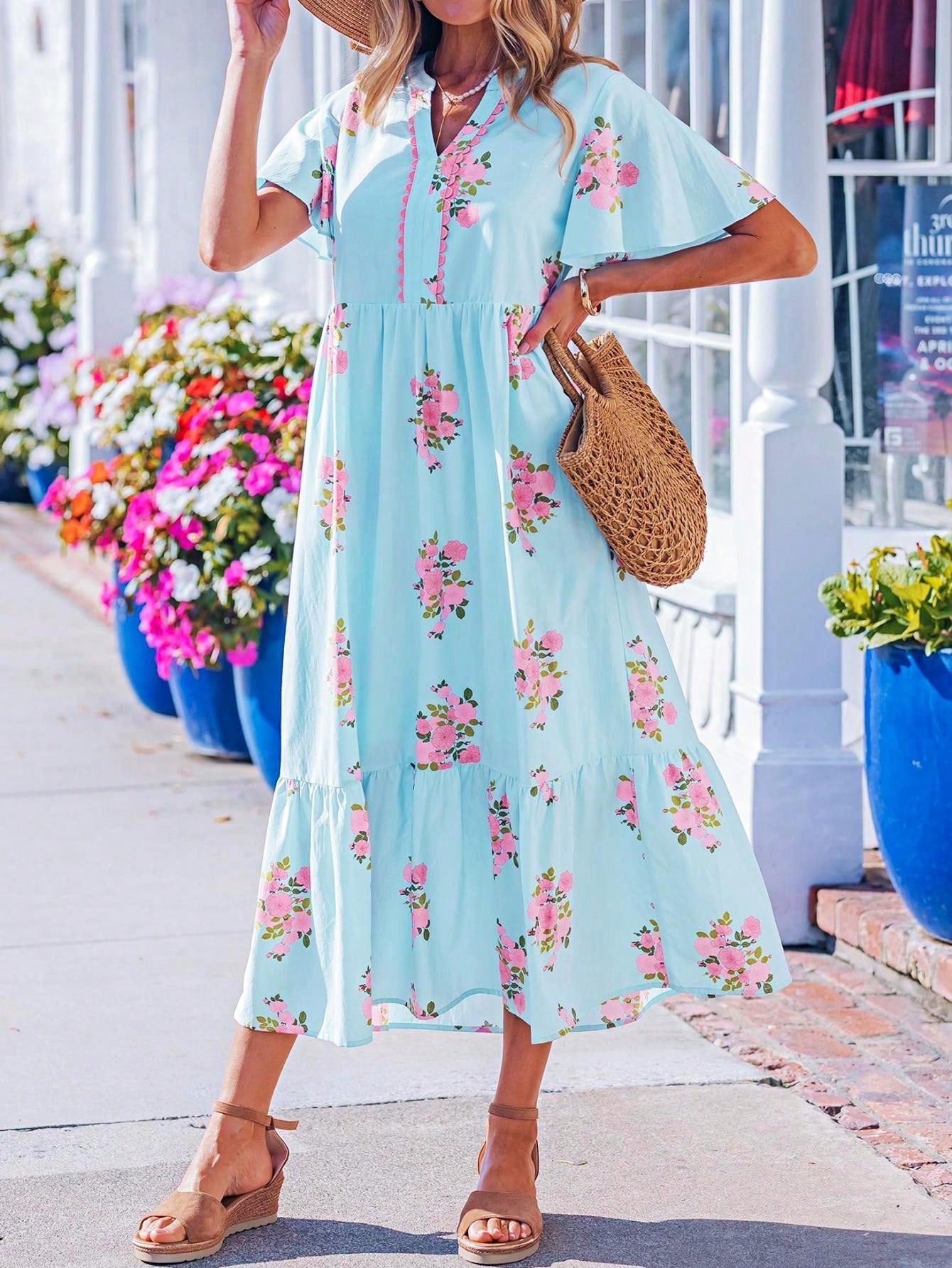 Boho Vacation Geo Smocked Black Pink Wavy Trimmed Tiered Maxi Long Dress V Neck Versatile Summer Dress For Women