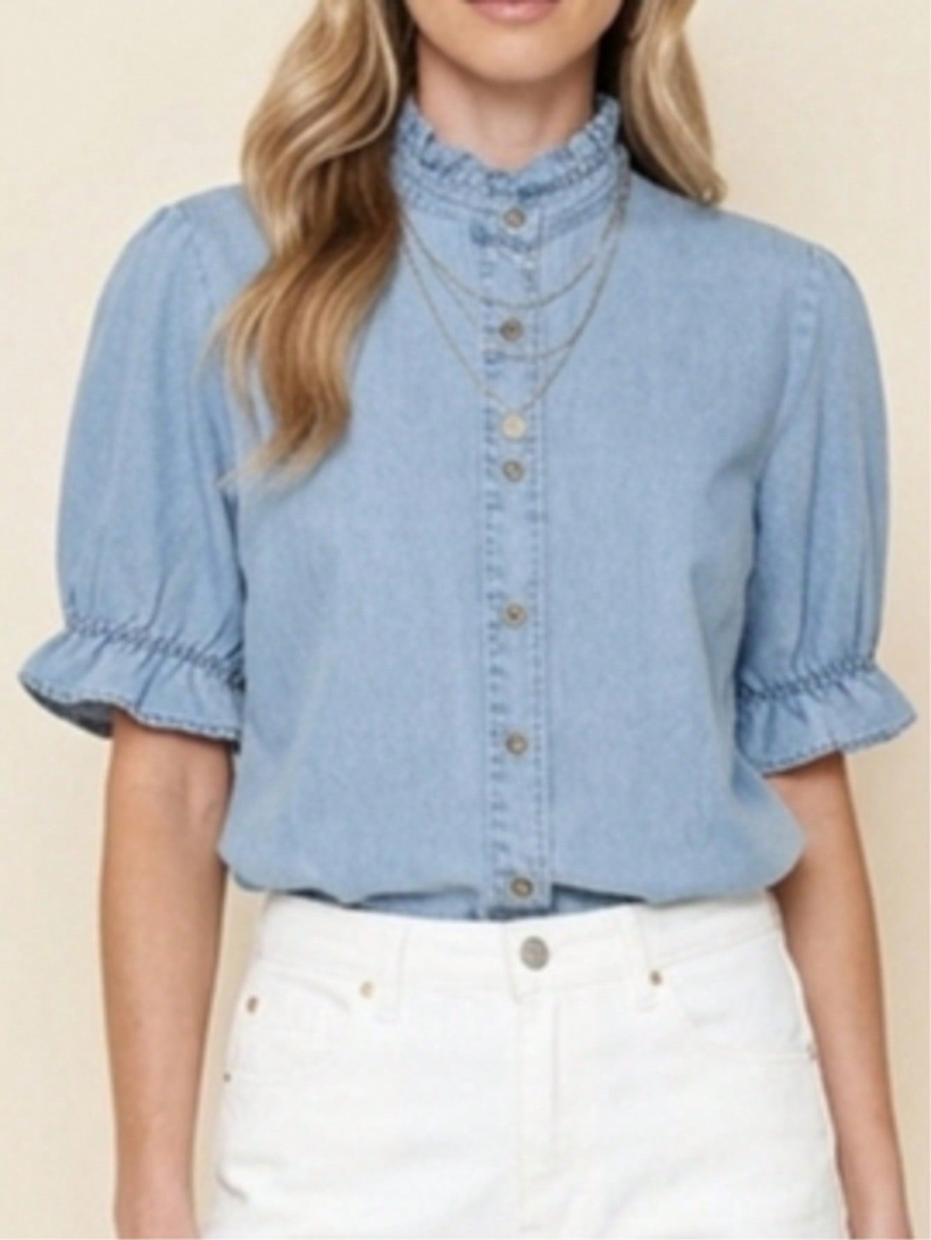 Boho Retro Vintage 90's  Crop Denim Jean Cotton Ruffle Frilled Pocket Top Shirt Blouse