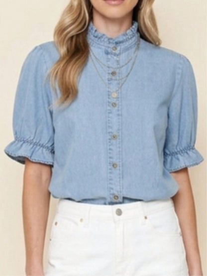 Boho Retro Vintage 90's  Crop Denim Jean Cotton Ruffle Frilled Pocket Top Shirt Blouse