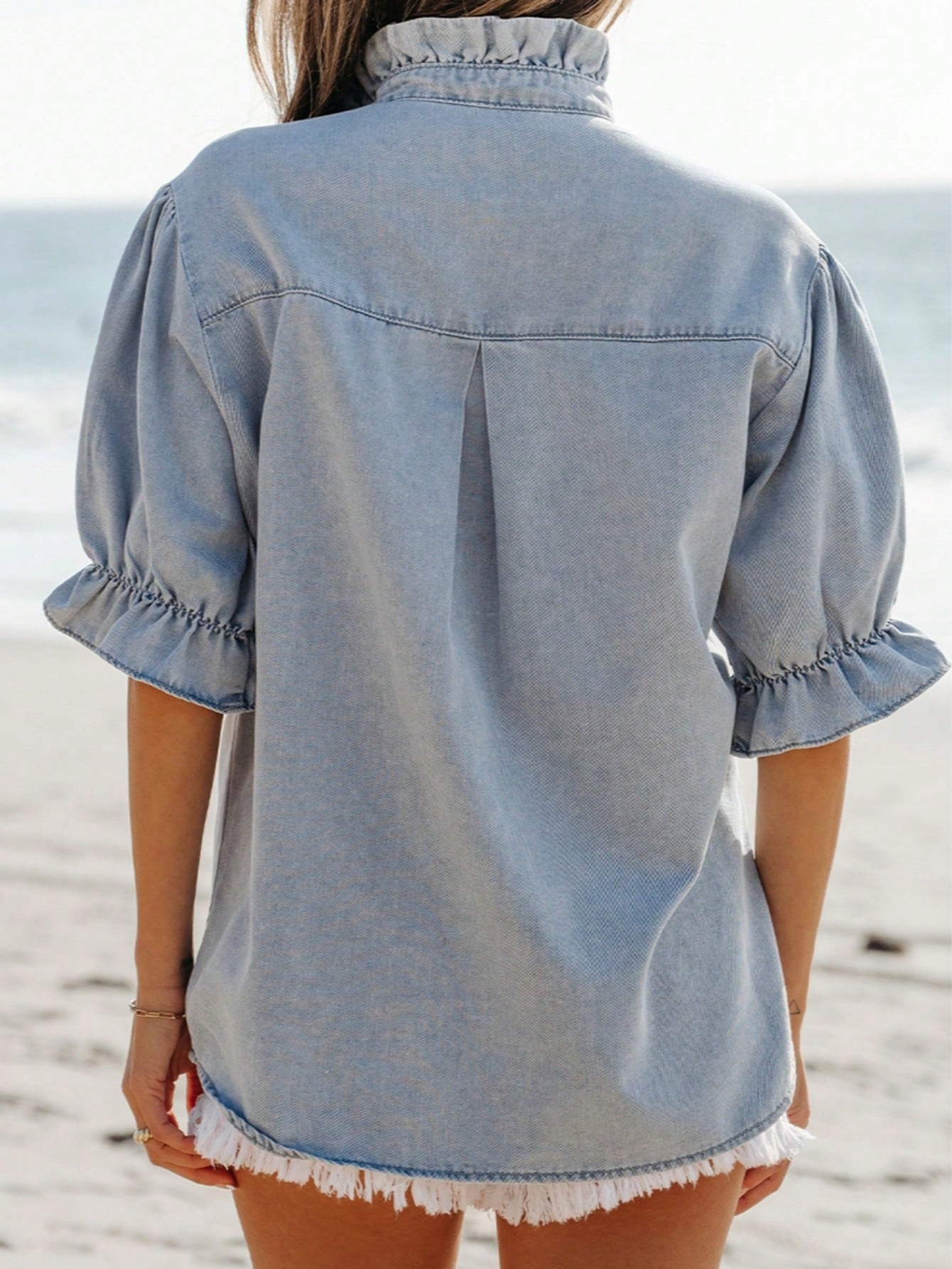 Boho Retro Vintage 90's  Crop Denim Jean Cotton Ruffle Frilled Pocket Top Shirt Blouse