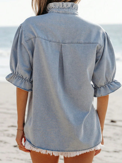 Boho Retro Vintage 90's  Crop Denim Jean Cotton Ruffle Frilled Pocket Top Shirt Blouse