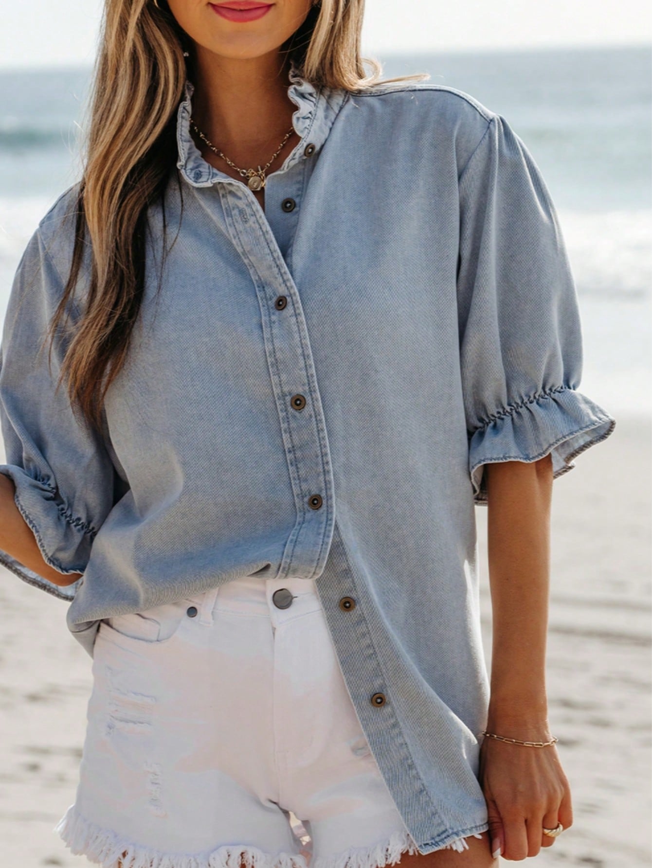 Boho Retro Vintage 90's  Crop Denim Jean Cotton Ruffle Frilled Pocket Top Shirt Blouse