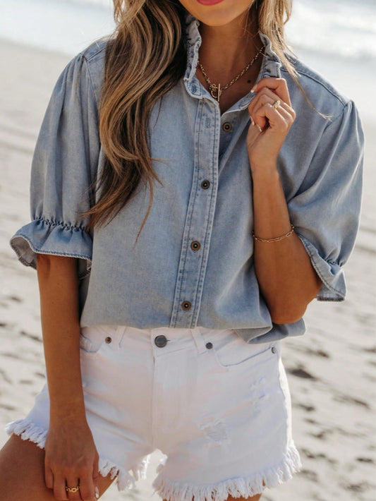 Boho Retro Vintage 90's  Crop Denim Jean Cotton Ruffle Frilled Pocket Top Shirt Blouse