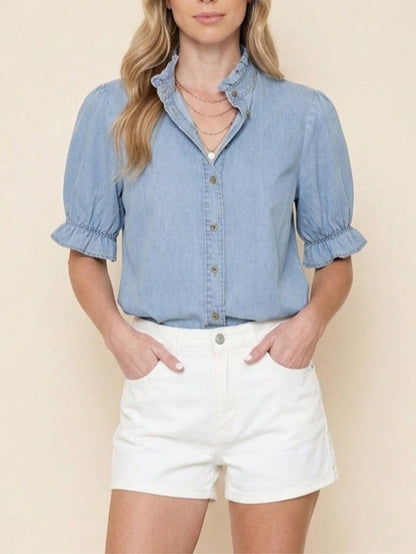 Boho Retro Vintage 90's  Crop Denim Jean Cotton Ruffle Frilled Pocket Top Shirt Blouse