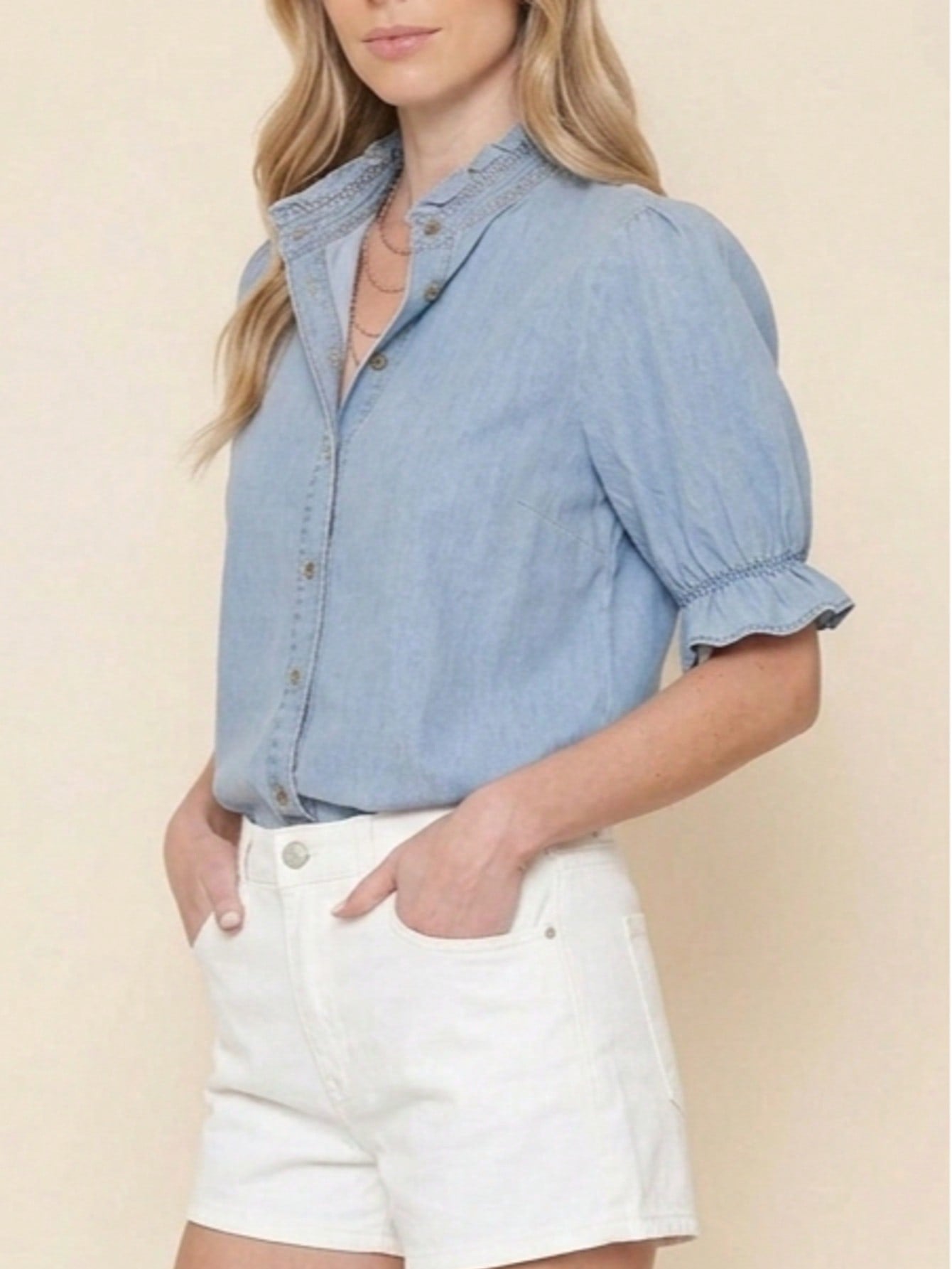 Boho Retro Vintage 90's  Crop Denim Jean Cotton Ruffle Frilled Pocket Top Shirt Blouse