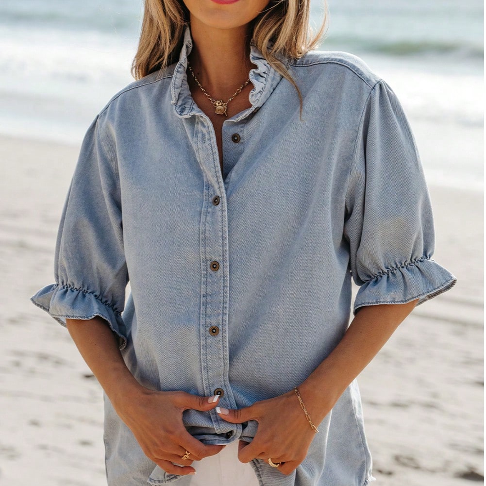 Boho Retro Vintage 90's  Crop Denim Jean Cotton Ruffle Frilled Pocket Top Shirt Blouse