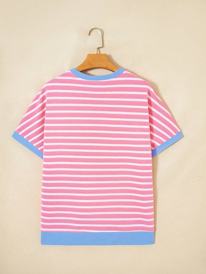 Boho Retro 90's Cotton Mix  Drop Shoulder Pink Mint Stripe Color Block Oversized Dolman T Shirt Top Shirt Blouse | Small-3 XL