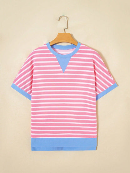Boho Retro 90's Cotton Mix  Drop Shoulder Pink Mint Stripe Color Block Oversized Dolman T Shirt Top Shirt Blouse | Small-3 XL