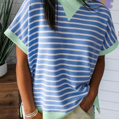 Boho Retro 90's Cotton Mix  Drop Shoulder Pink Mint Stripe Color Block Oversized Dolman T Shirt Top Shirt Blouse | Small-3 XL