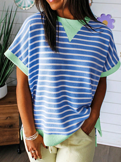 Boho Retro 90's Cotton Mix  Drop Shoulder Pink Mint Stripe Color Block Oversized Dolman T Shirt Top Shirt Blouse | Small-3 XL