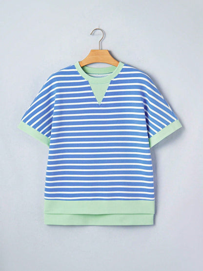 Boho Retro 90's Cotton Mix  Drop Shoulder Pink Mint Stripe Color Block Oversized Dolman T Shirt Top Shirt Blouse | Small-3 XL