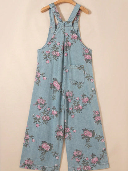 Boho  Button Floral Jean Cotton Denim Overall Romper Jumpsuit