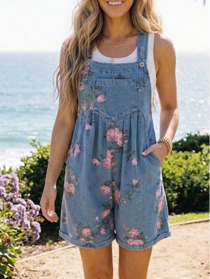Boho  Button Floral Jean Cotton Denim Overall Romper Jumpsuit