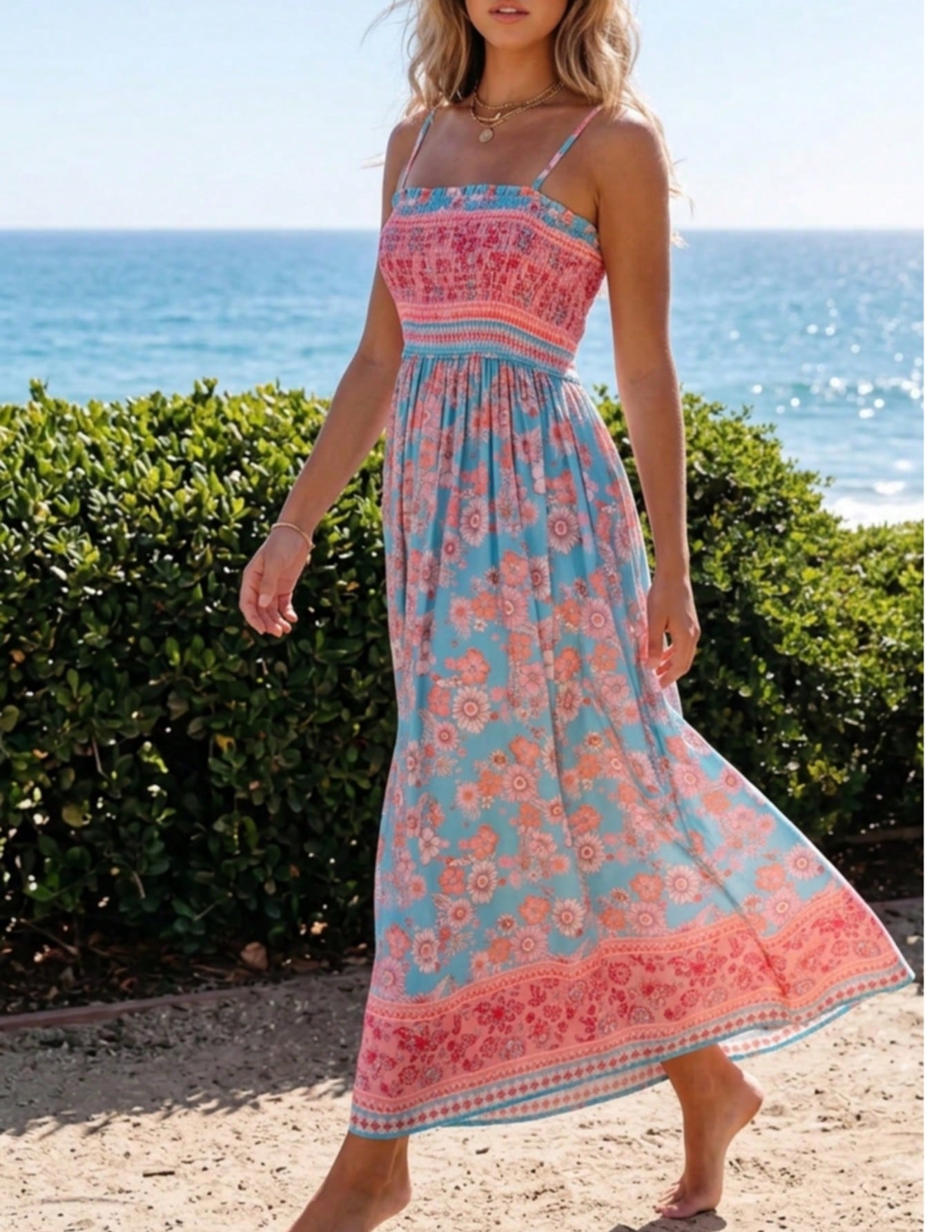 Boho Vacation Geo Smocked Black Pink Wavy Trimmed Tiered Maxi Long Dress V Neck Versatile Summer Dress For Women