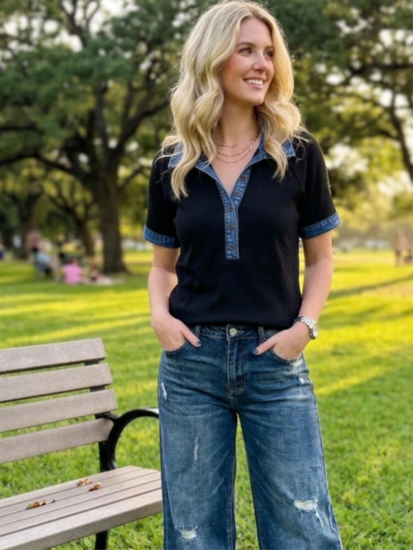 Boho Retro Vintage 90's  Crop Denim Jean Cotton Ruffle Frilled Pocket Top Shirt Blouse