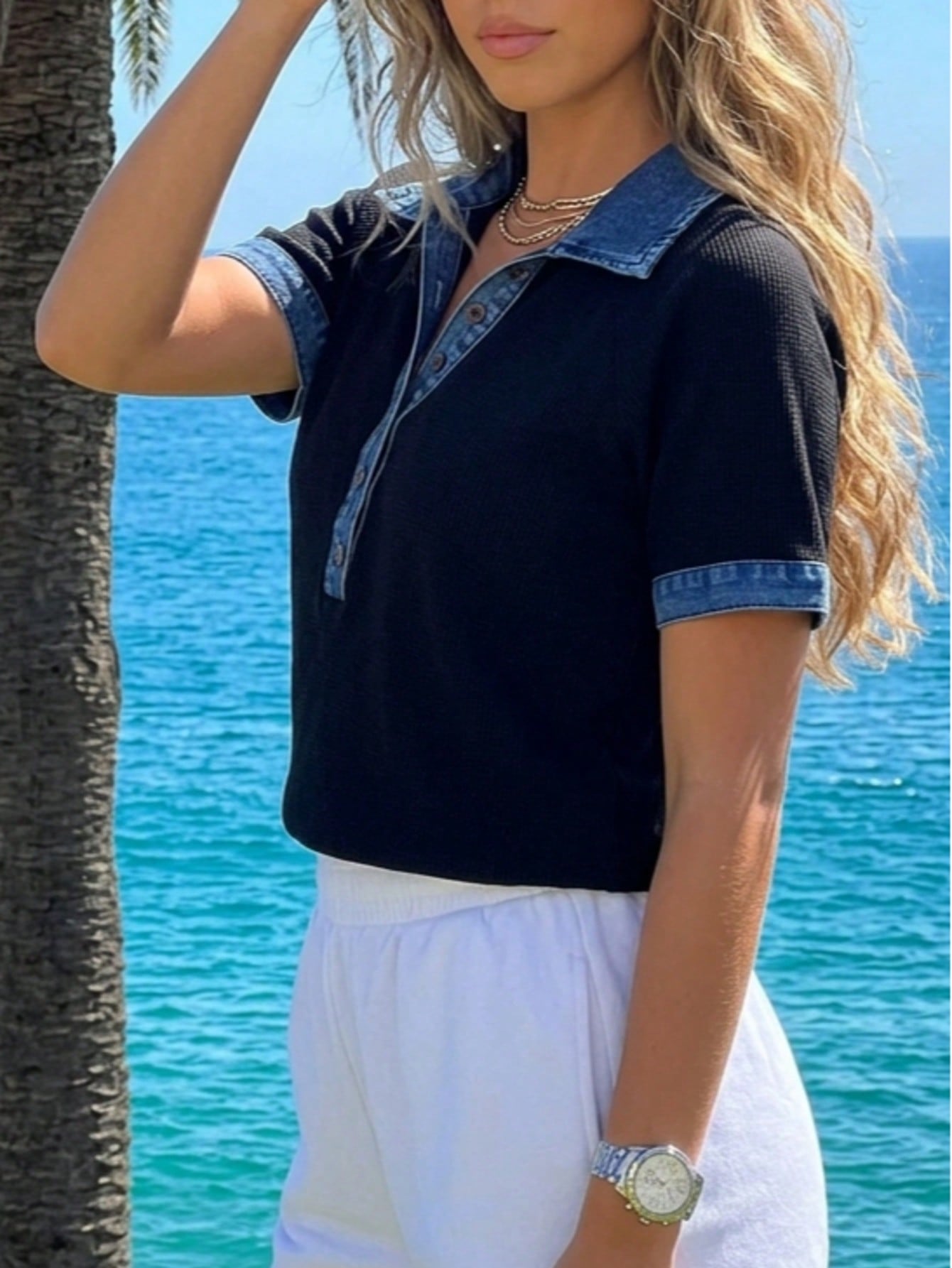 Boho Retro Vintage 90's  Crop Denim Jean Cotton Ruffle Frilled Pocket Top Shirt Blouse