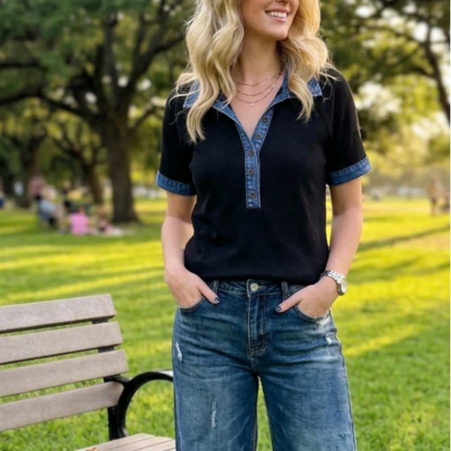 Boho Retro Vintage 90's  Crop Denim Jean Cotton Ruffle Frilled Pocket Top Shirt Blouse