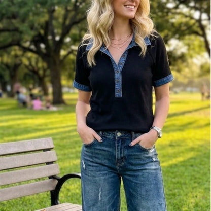 Boho Retro Vintage 90's  Crop Denim Jean Cotton Ruffle Frilled Pocket Top Shirt Blouse
