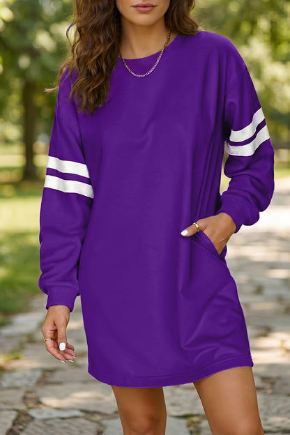 Fiery Red Varsity Contrast Banded Sleeve Shift Sweatshirt Dress