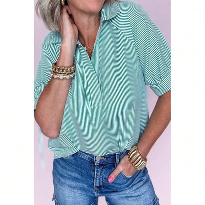 Cotton Mix Mint Green Striped V Neck Collared Bubble Sleeve Blouse