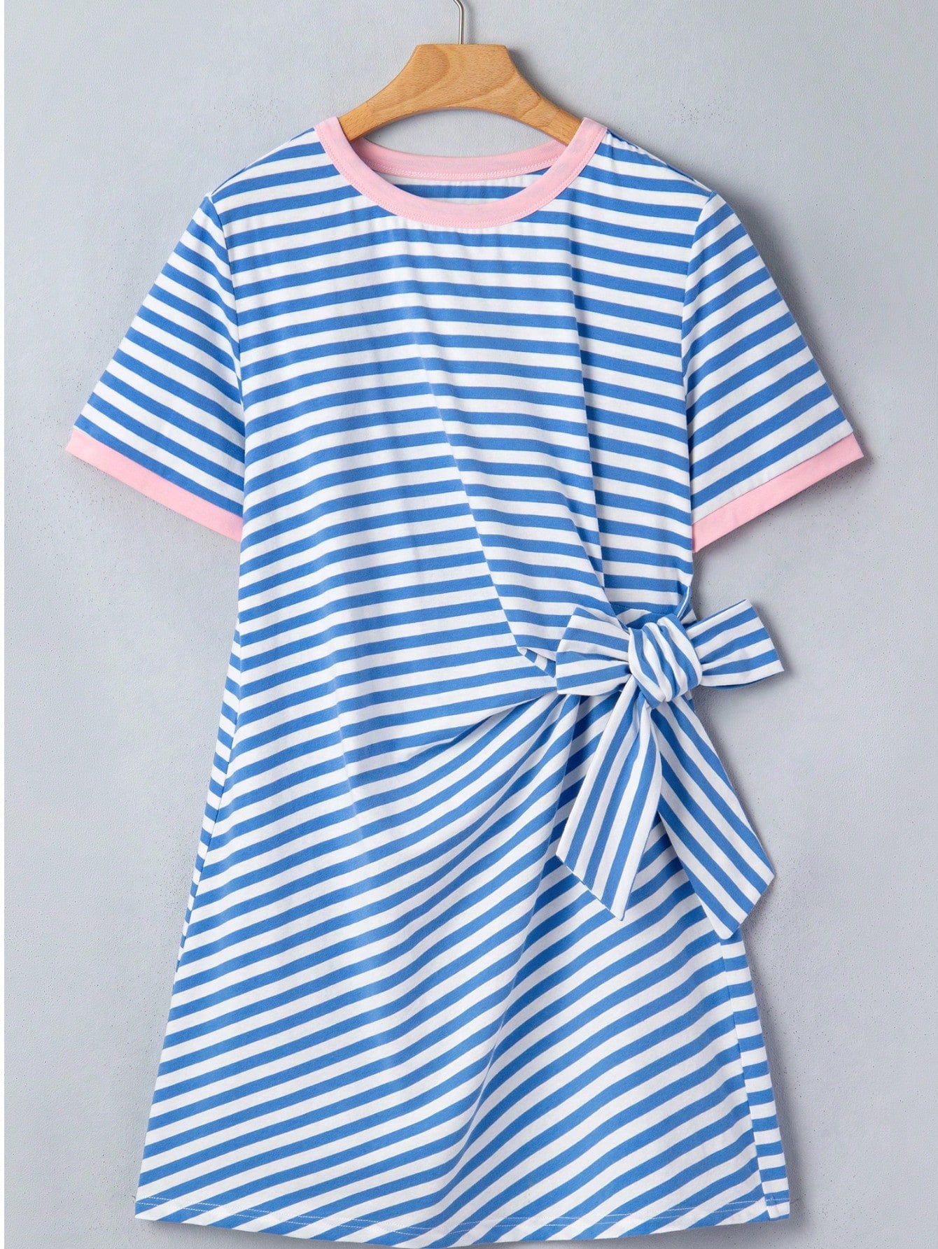 Cotton Stripe Nautical Tie Contrast Trim Round Neck T Shirt Mini Dress