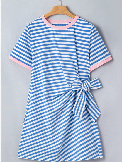 Cotton Stripe Nautical Tie Contrast Trim Round Neck T Shirt Mini Dress