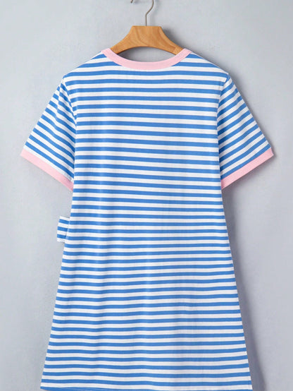 Cotton Stripe Nautical Tie Contrast Trim Round Neck T Shirt Mini Dress