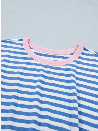 Cotton Stripe Nautical Tie Contrast Trim Round Neck T Shirt Mini Dress