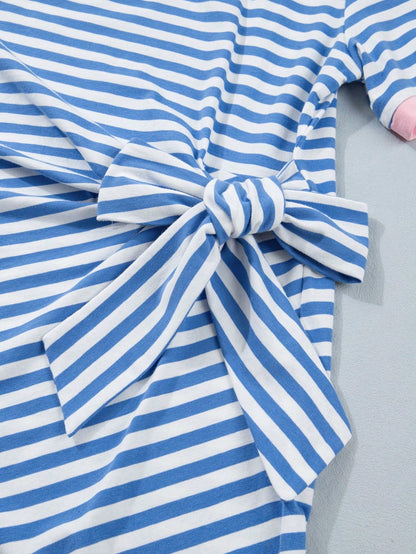 Cotton Stripe Nautical Tie Contrast Trim Round Neck T Shirt Mini Dress