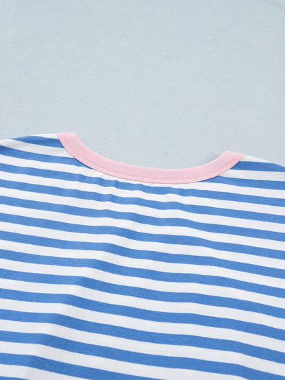 Cotton Stripe Nautical Tie Contrast Trim Round Neck T Shirt Mini Dress