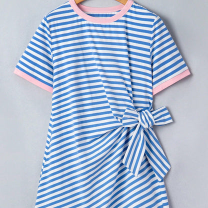 Cotton Stripe Nautical Tie Contrast Trim Round Neck T Shirt Mini Dress
