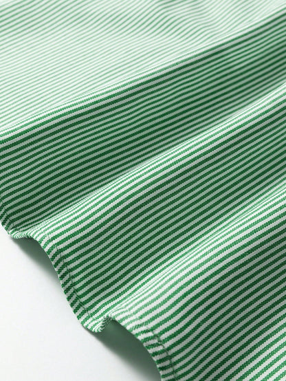 Cotton Mix Mint Green Striped V Neck Collared Bubble Sleeve Blouse