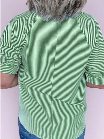 Cotton Mix Mint Green Striped V Neck Collared Bubble Sleeve Blouse