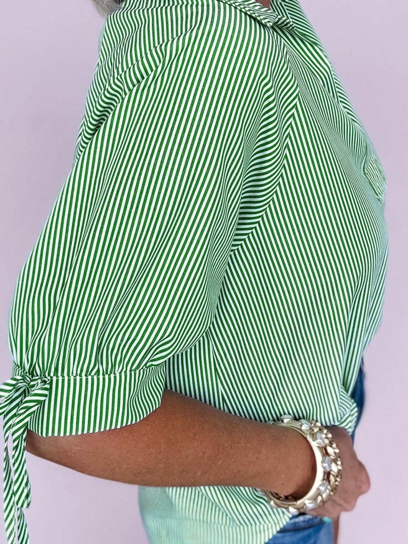 Cotton Mix Mint Green Striped V Neck Collared Bubble Sleeve Blouse