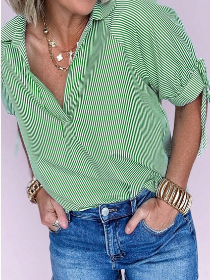 Cotton Mix Mint Green Striped V Neck Collared Bubble Sleeve Blouse