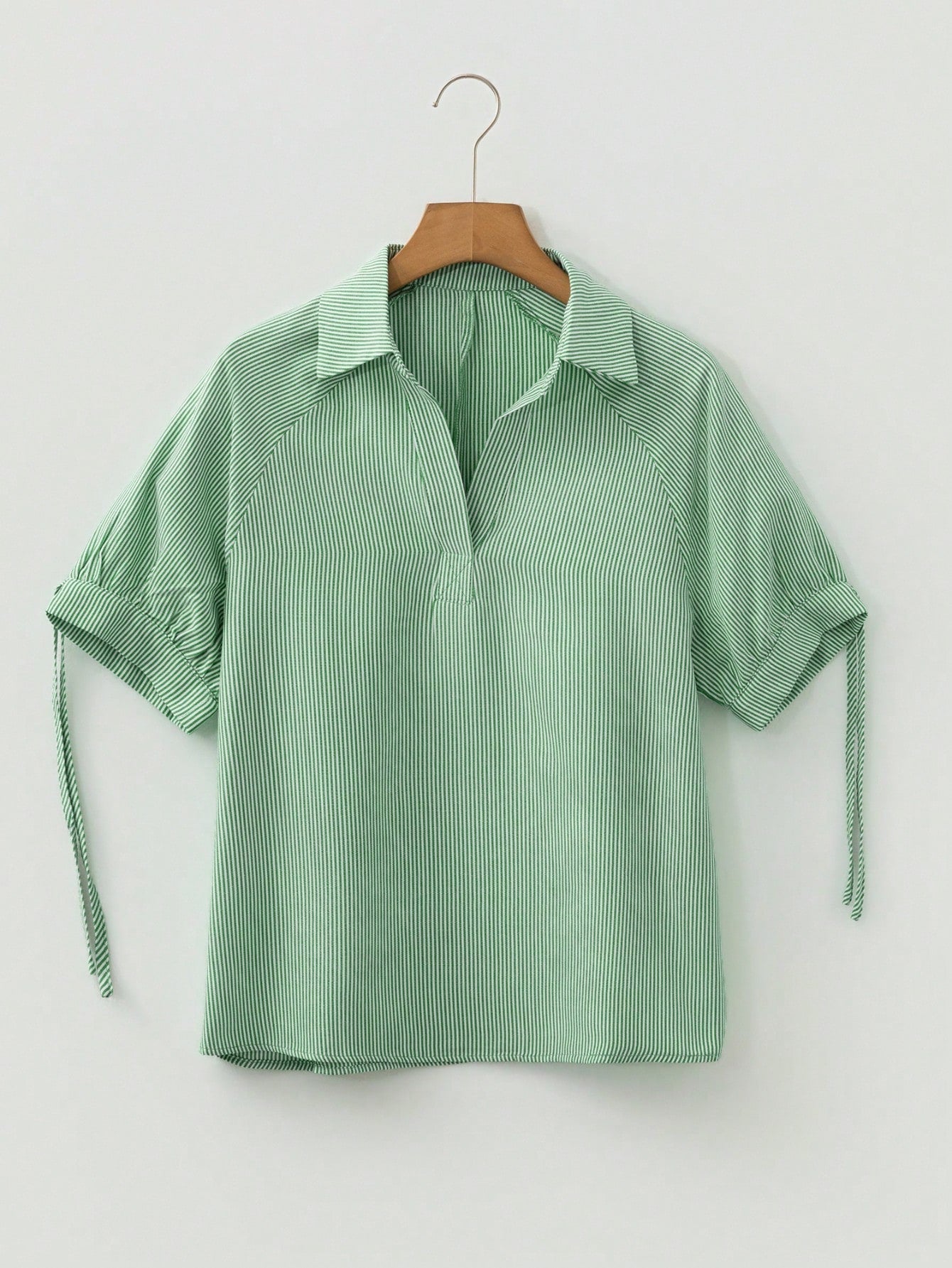 Cotton Mix Mint Green Striped V Neck Collared Bubble Sleeve Blouse