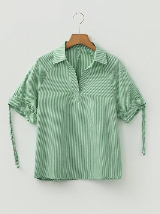 Cotton Mix Mint Green Striped V Neck Collared Bubble Sleeve Blouse