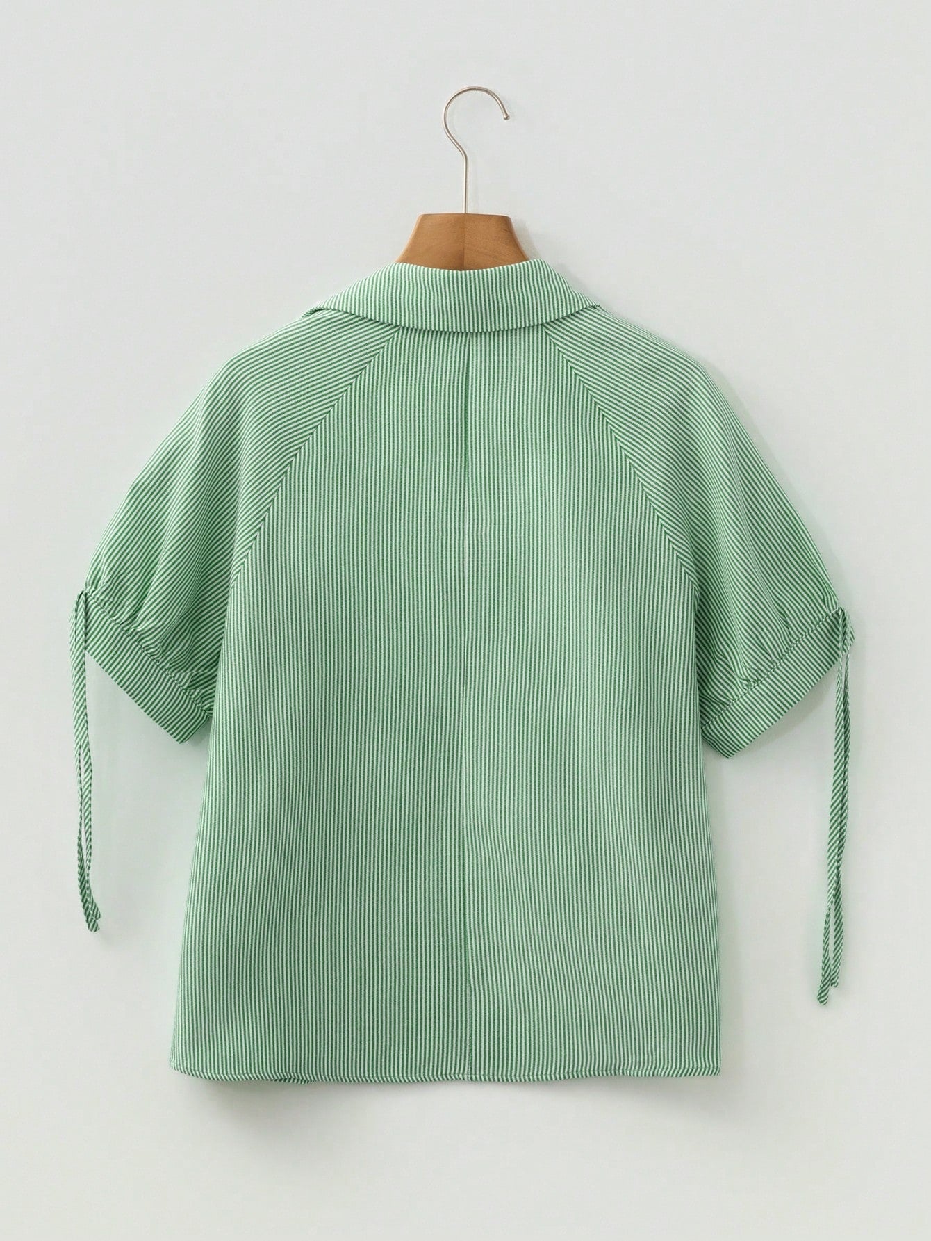 Cotton Mix Mint Green Striped V Neck Collared Bubble Sleeve Blouse