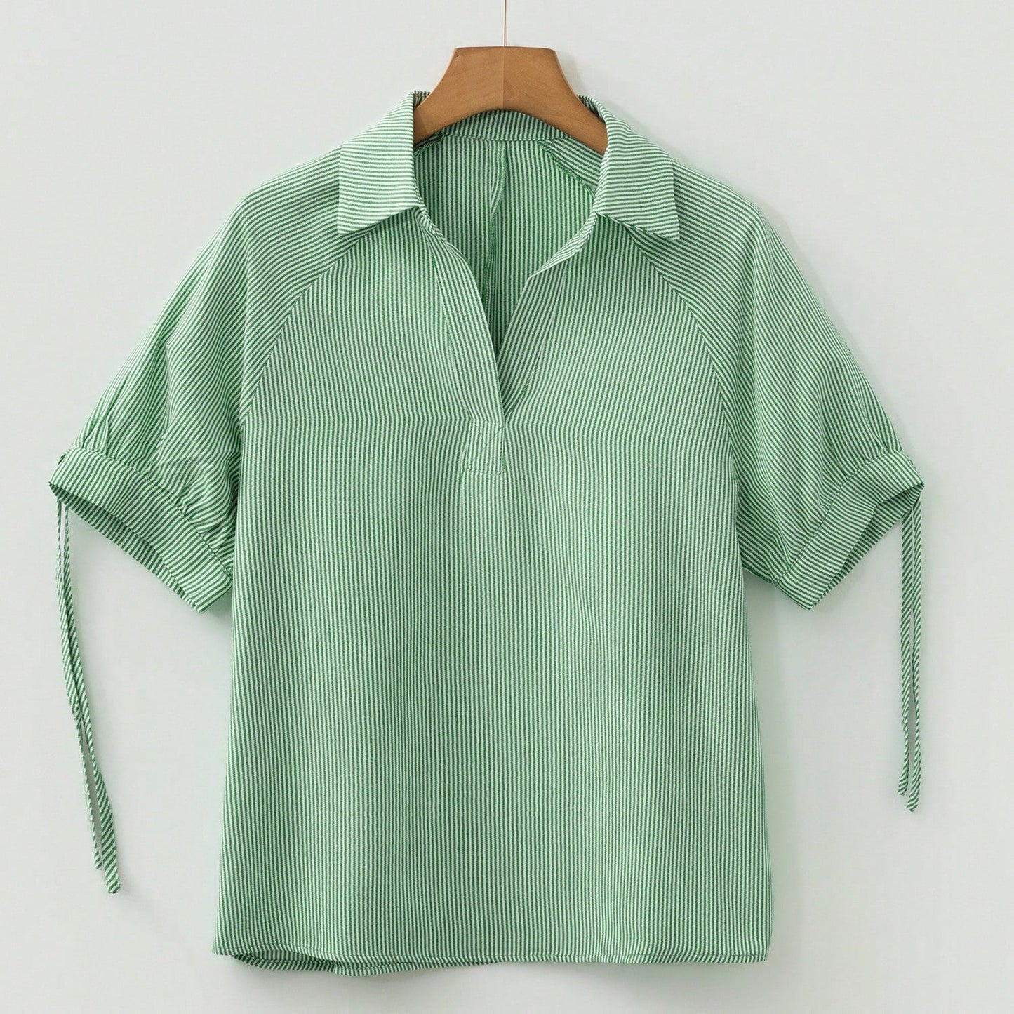 Cotton Mix Mint Green Striped V Neck Collared Bubble Sleeve Blouse