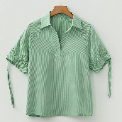 Cotton Mix Mint Green Striped V Neck Collared Bubble Sleeve Blouse