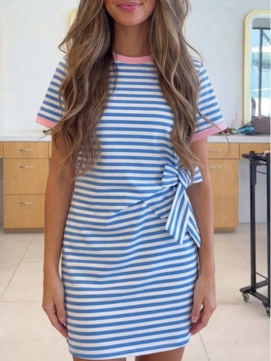 Cotton Stripe Nautical Tie Contrast Trim Round Neck T Shirt Mini Dress