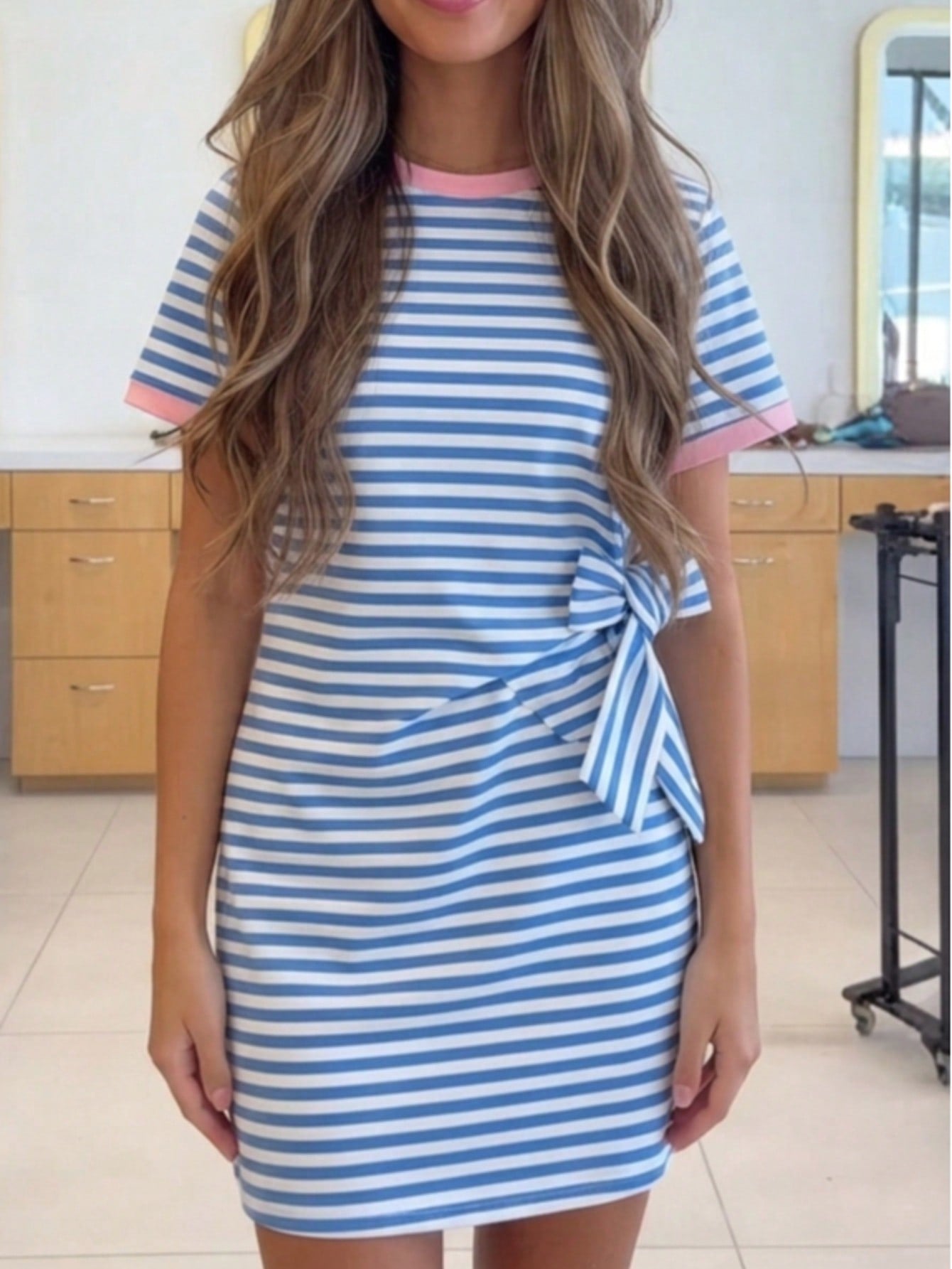 Cotton Stripe Nautical Tie Contrast Trim Round Neck T Shirt Mini Dress