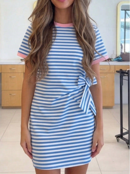 Cotton Stripe Nautical Tie Contrast Trim Round Neck T Shirt Mini Dress