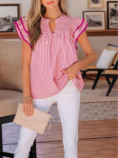 Cotton Viscose Mix Rose Stripe Shirred Yoke Ruffled Short Sleeve Blouse
