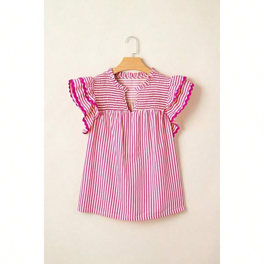 Cotton Viscose Mix Rose Stripe Shirred Yoke Ruffled Short Sleeve Blouse